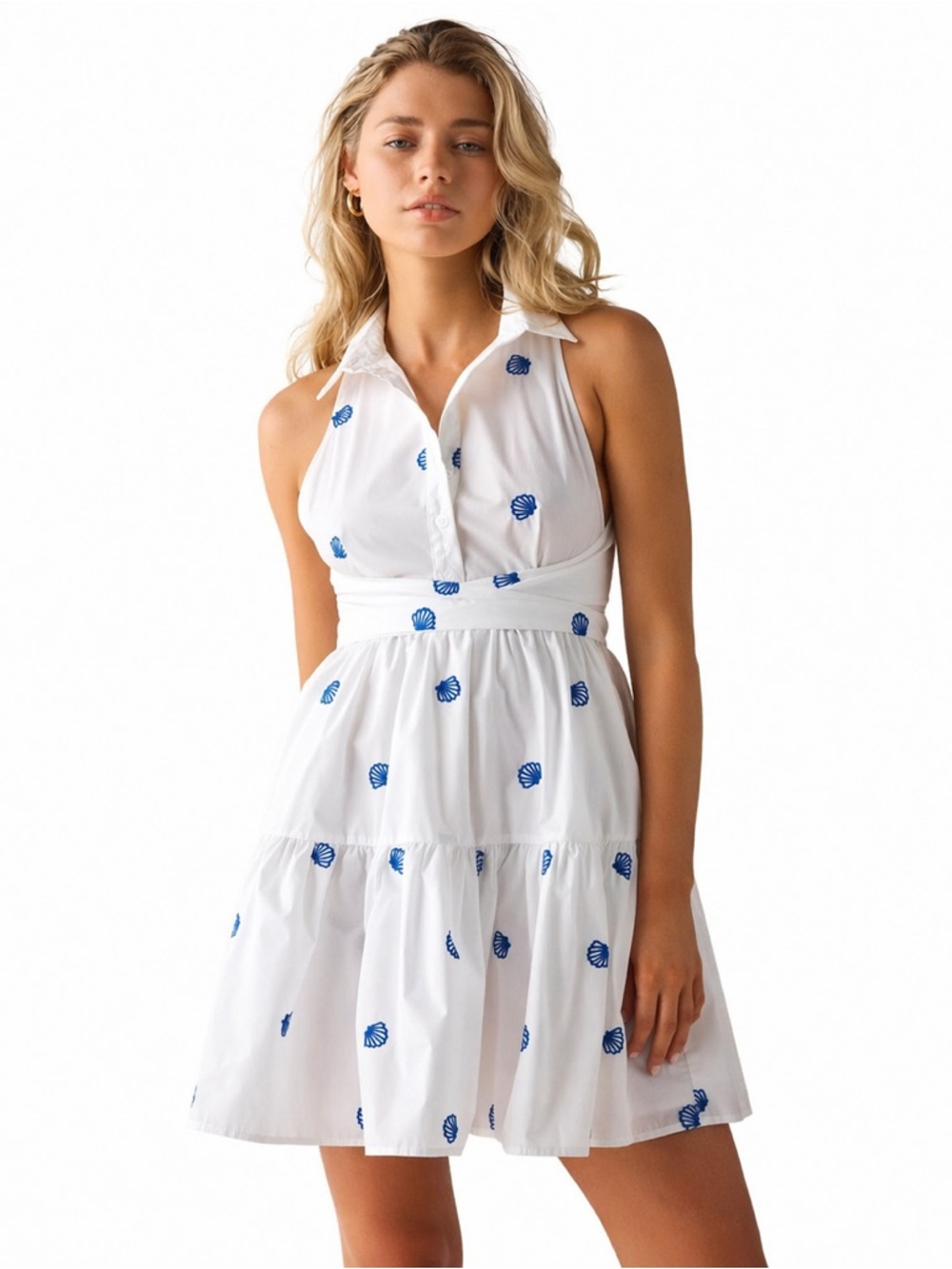 En Saison Alani Seashell Embroidered Mini Dress Ivory Blue Tie Waist S